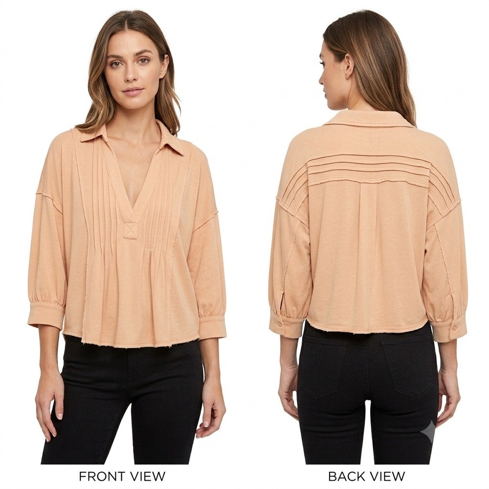 Mustard Seed Blouse Small Women Peach Pleated V-Neck Boho Babydoll